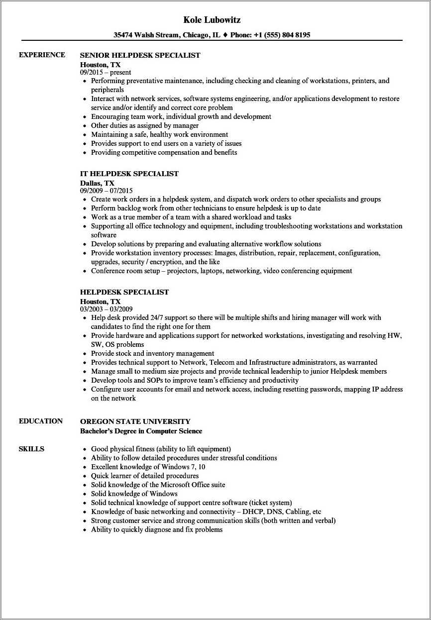 Systems Management Resume Bullets Helpdesk