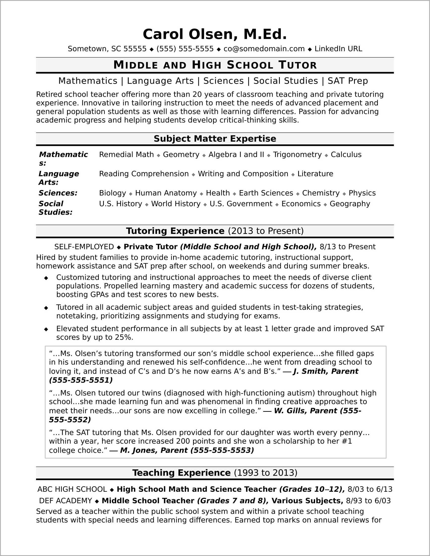 Teaching Literacy Skills For Resume