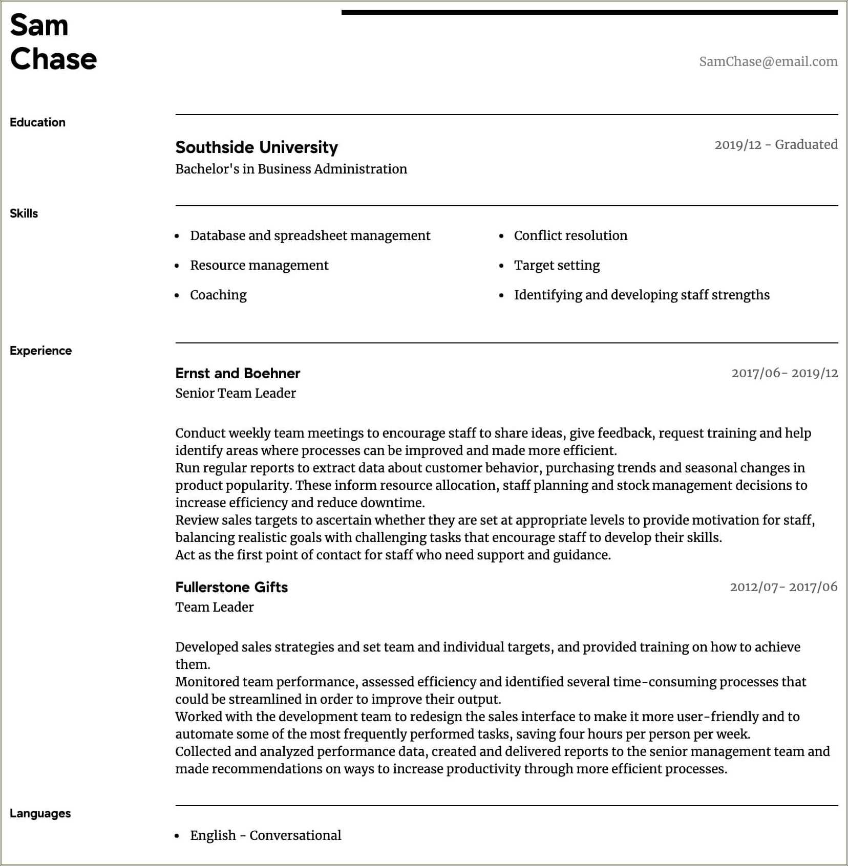 resume for team leader in operations