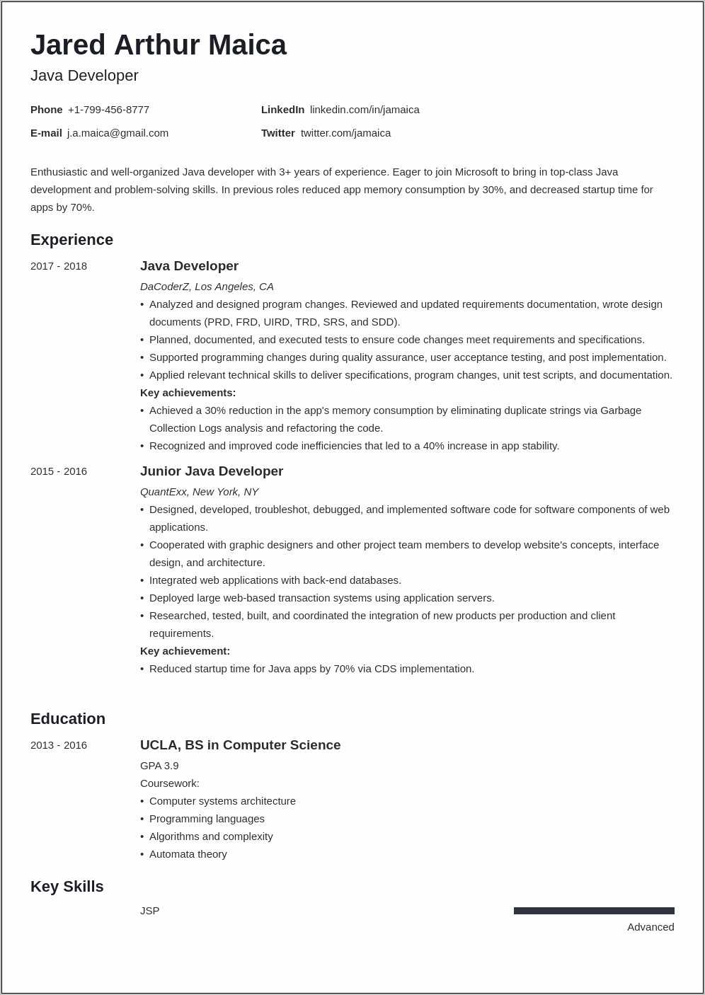 resume sample for spring boot developer