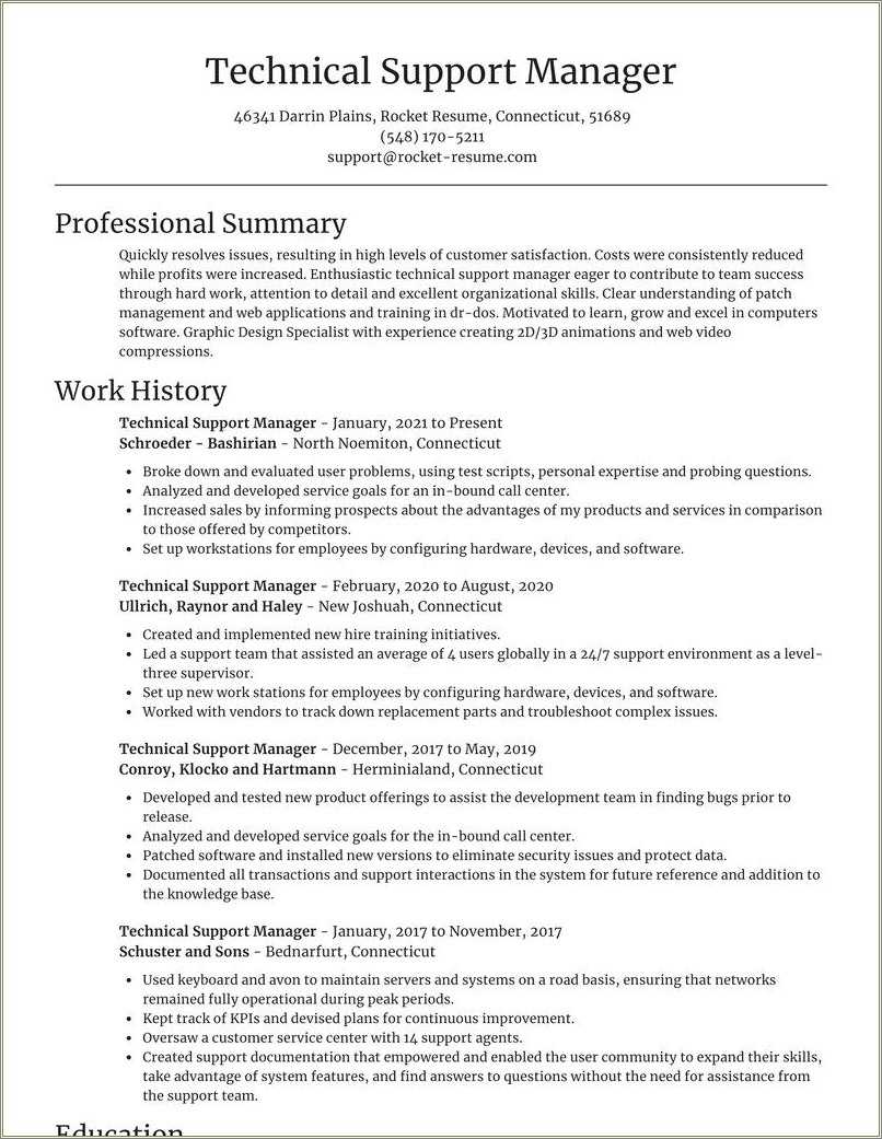 technical support manager resume