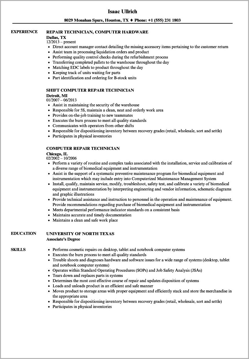 Tv Repair Technician Resume Sample