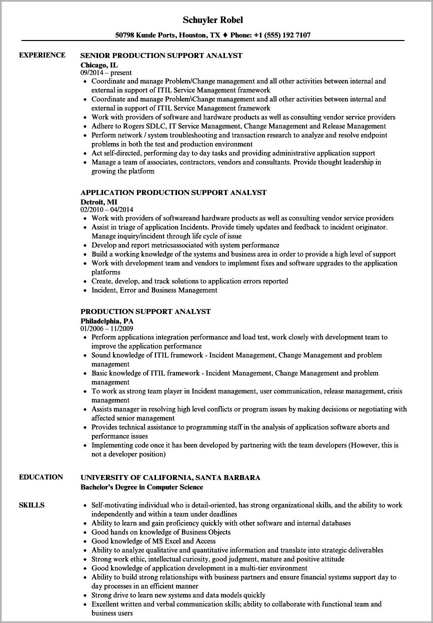 application production support manager resume