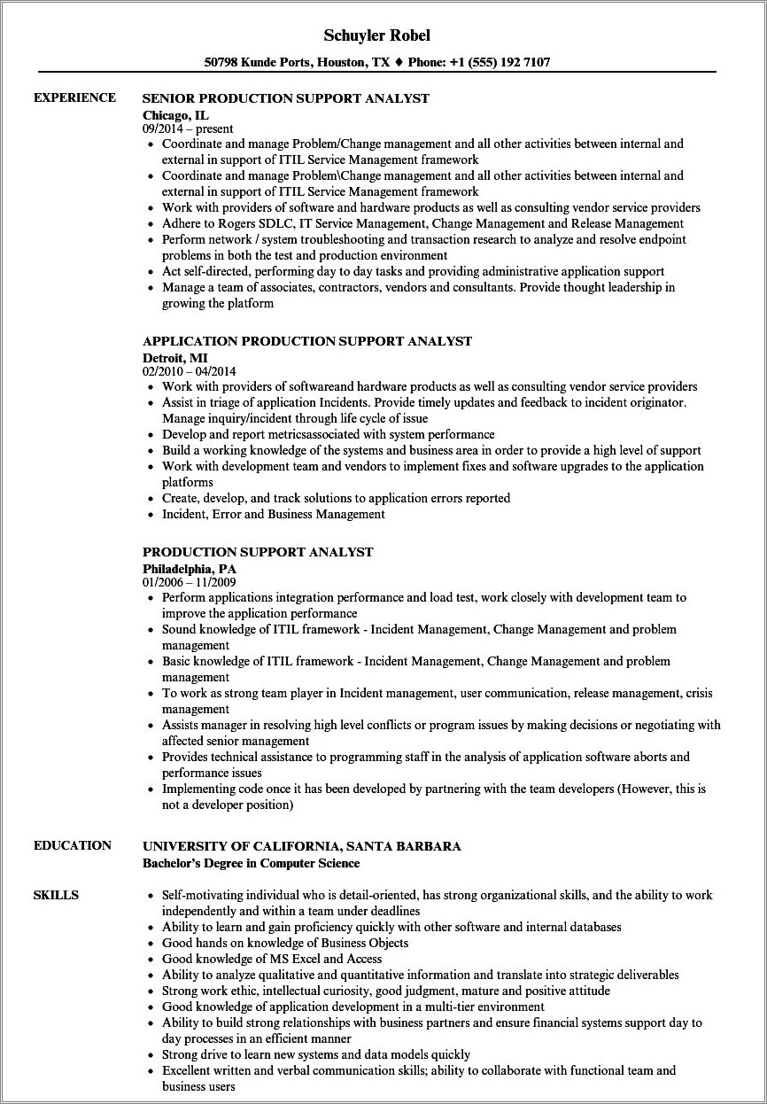 production support resume in unix