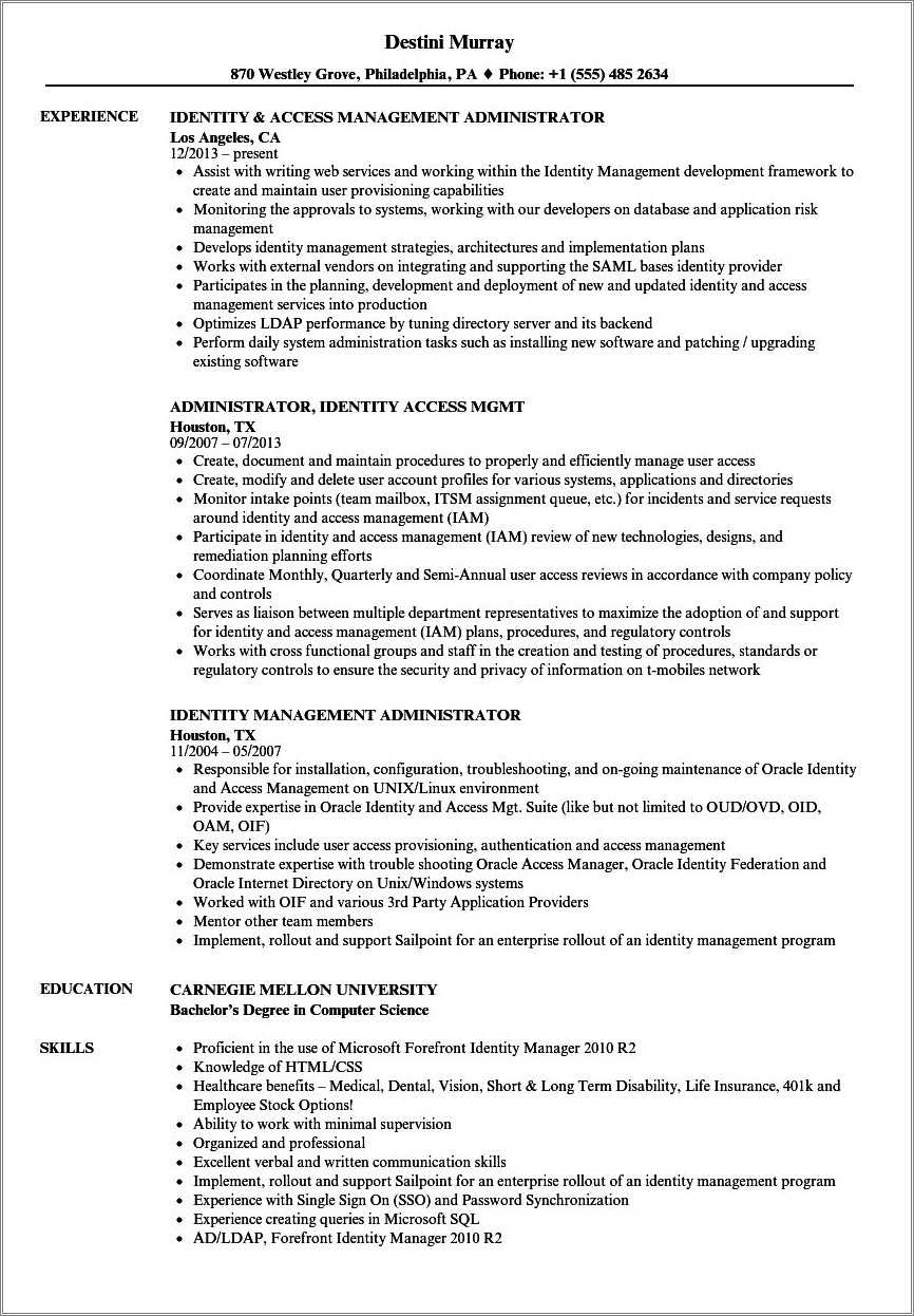 User Access Management Sample Resume