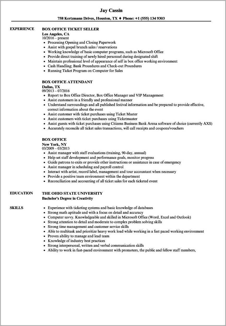 Sample Resume For Cinemark Usher Job Resume Example Gallery