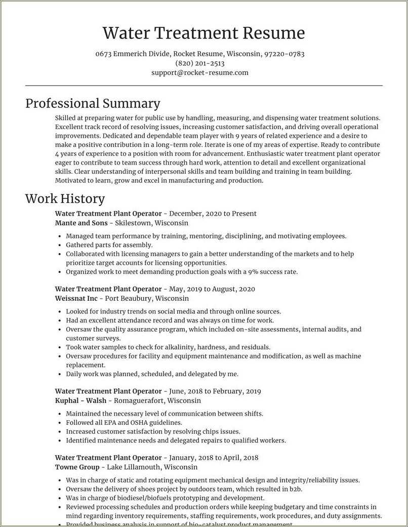 Water Treatment Plant Resume Sample Resume Example Gallery