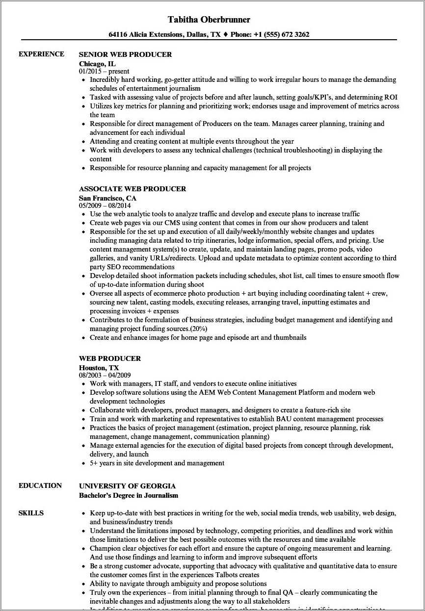 Web Content Producer Resume Sample