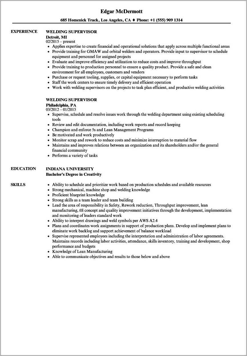 Welder Job Description Resume Sample Resume Example Gallery