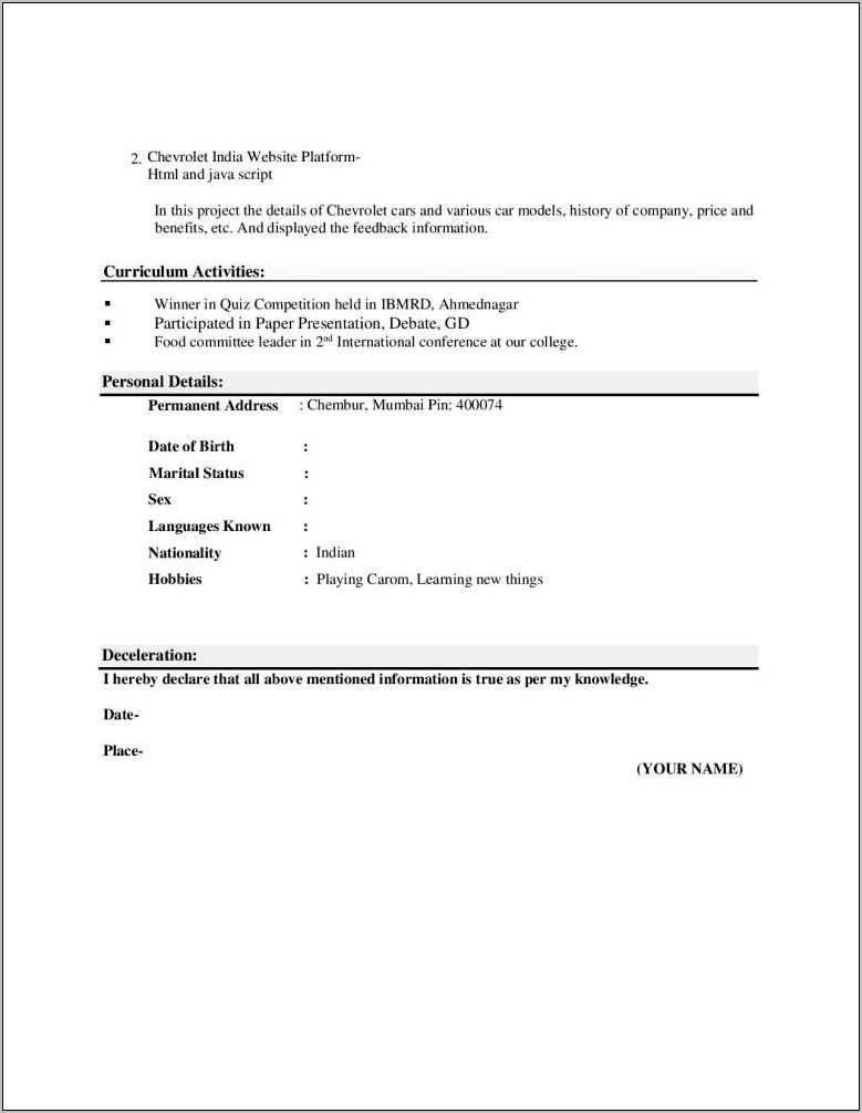 Resume Format For Mca Freshers In Ms Word Resume Example Gallery