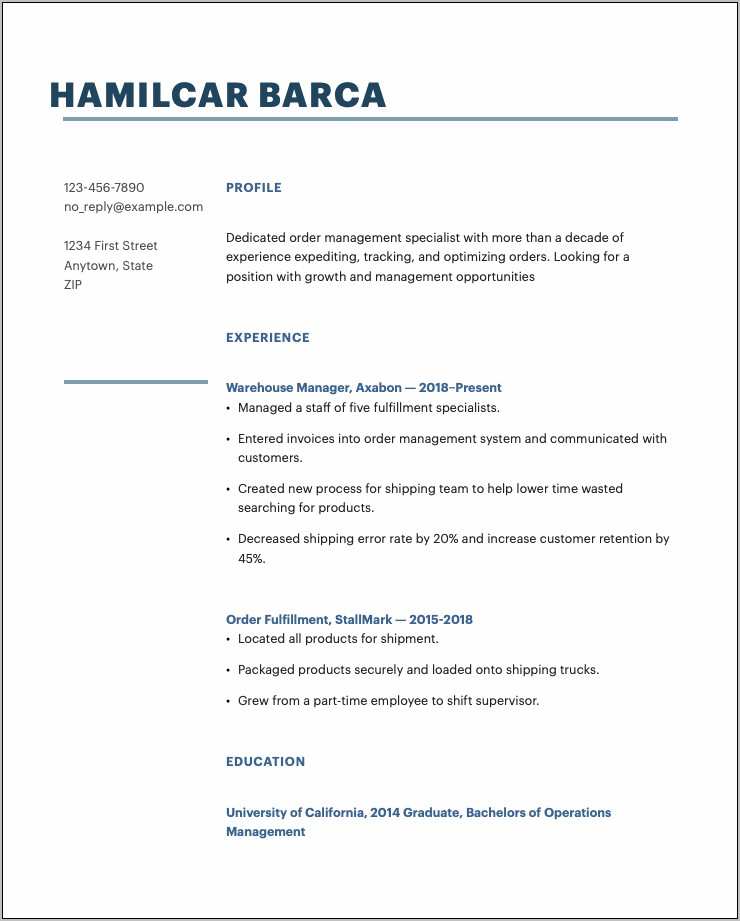 Resume Heading For Order Management Rep