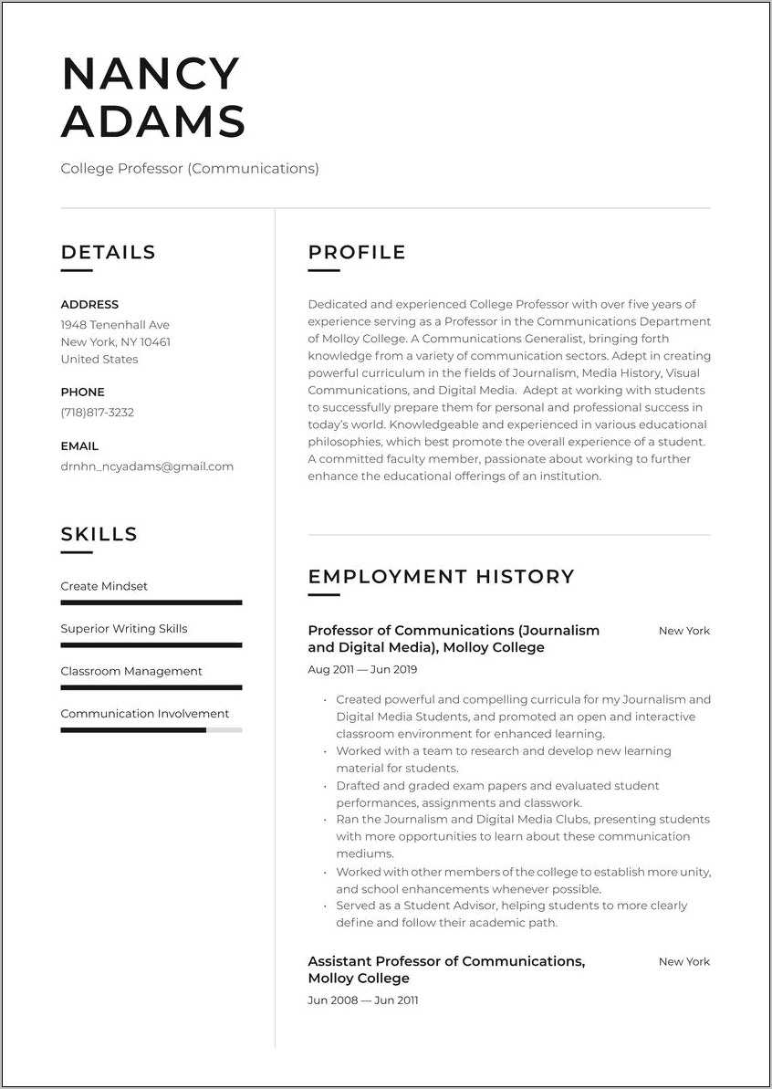 Resume Job Description For Adjunct Professor