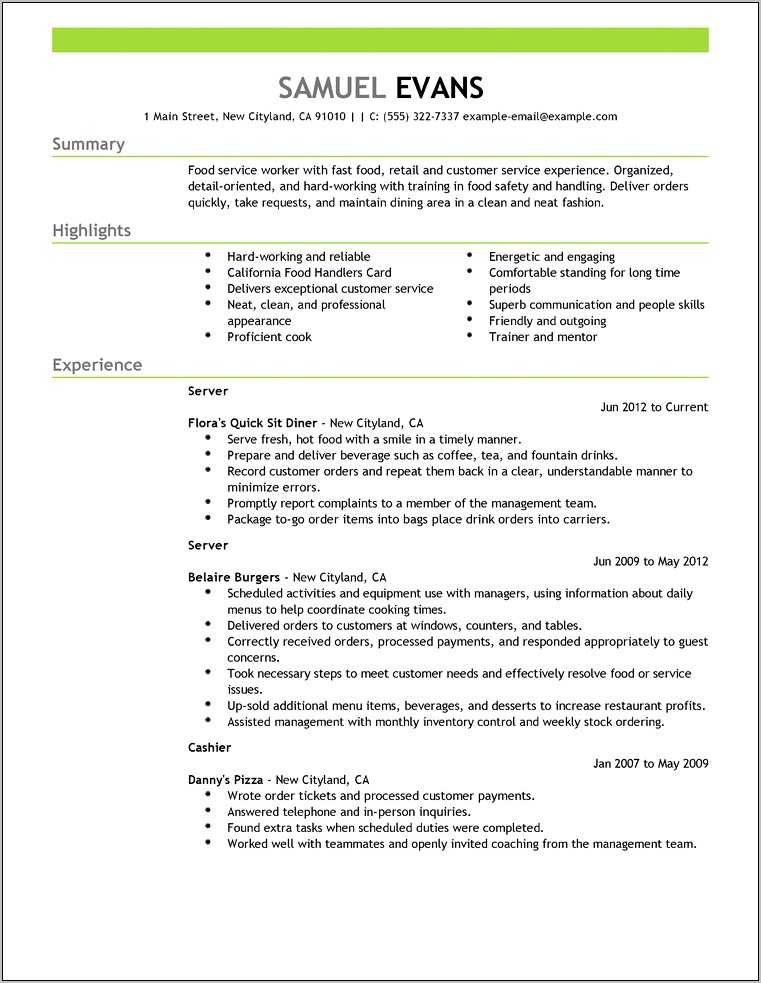 Resume Objective Examples For Fast Food Cashier