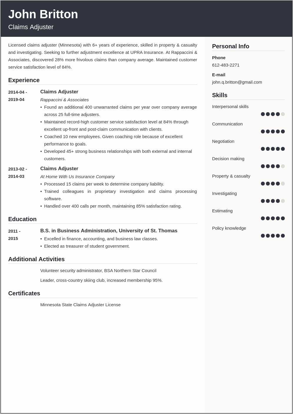 Resume Objective For Insurance Claims Adjuster