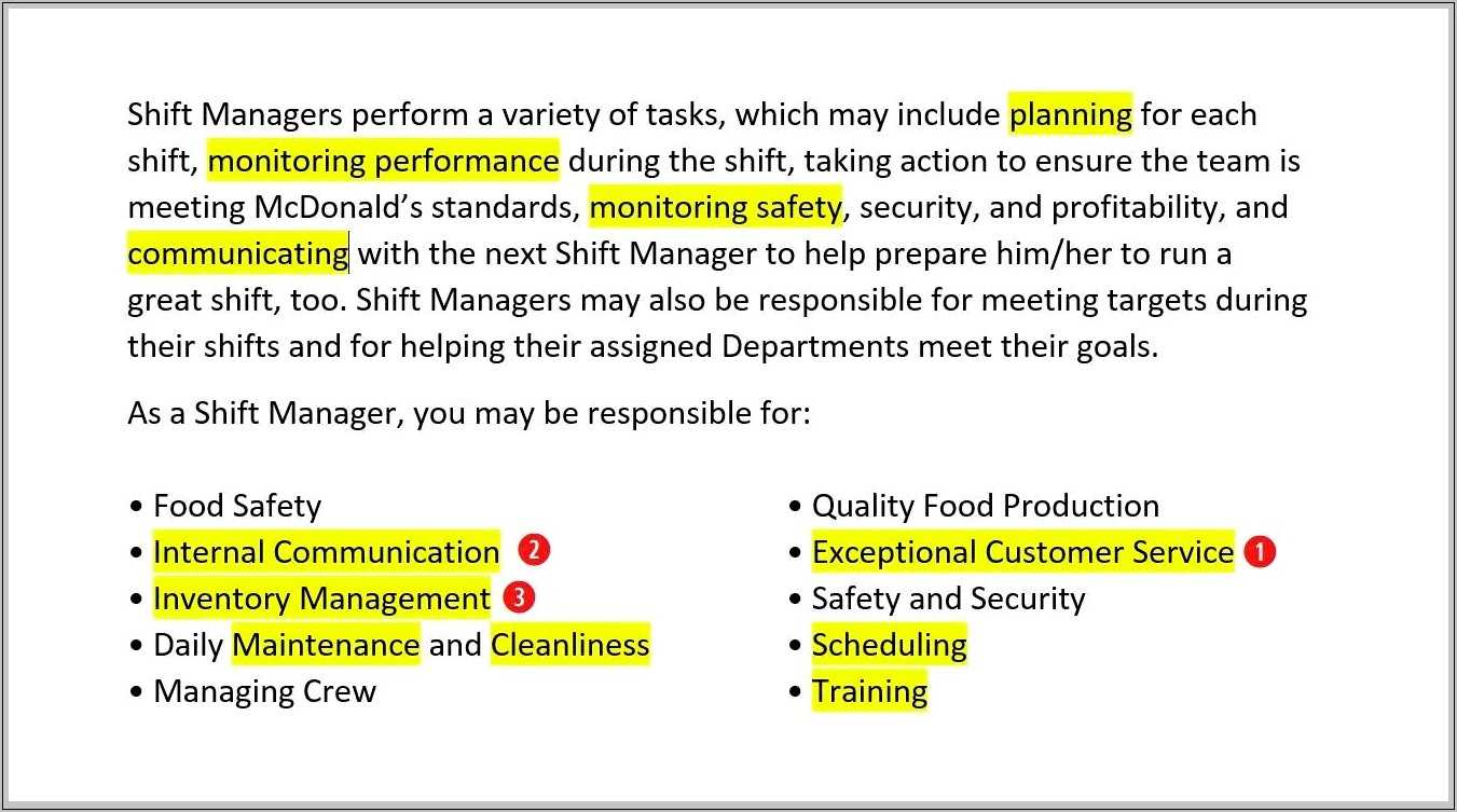 Resume Skills For Fast Food Management