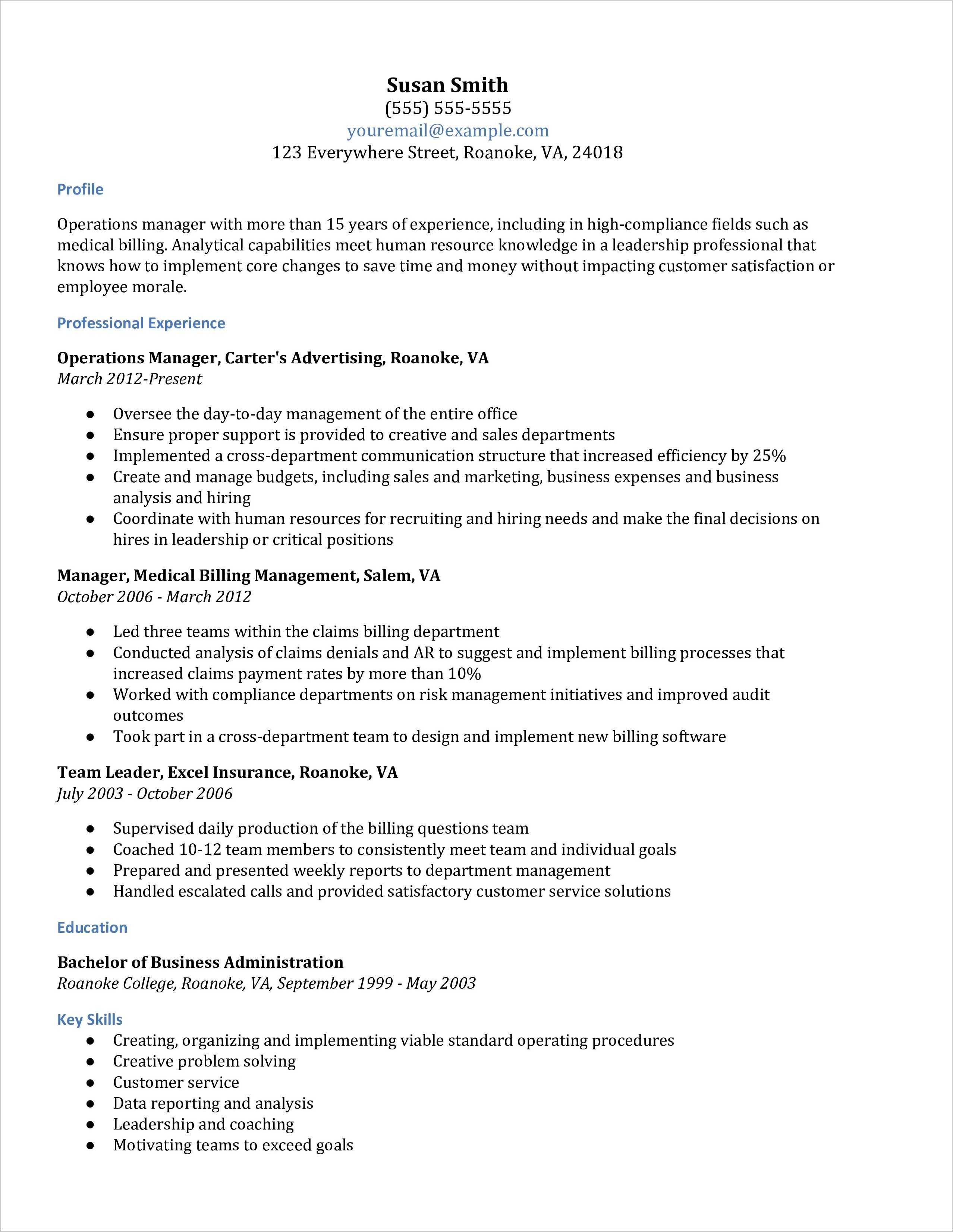 Resume Summary Examples For Operations Manager