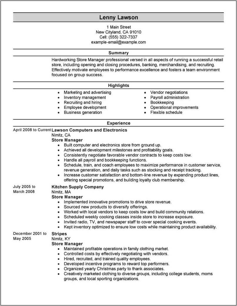 Resume Summary For Retail District Manager