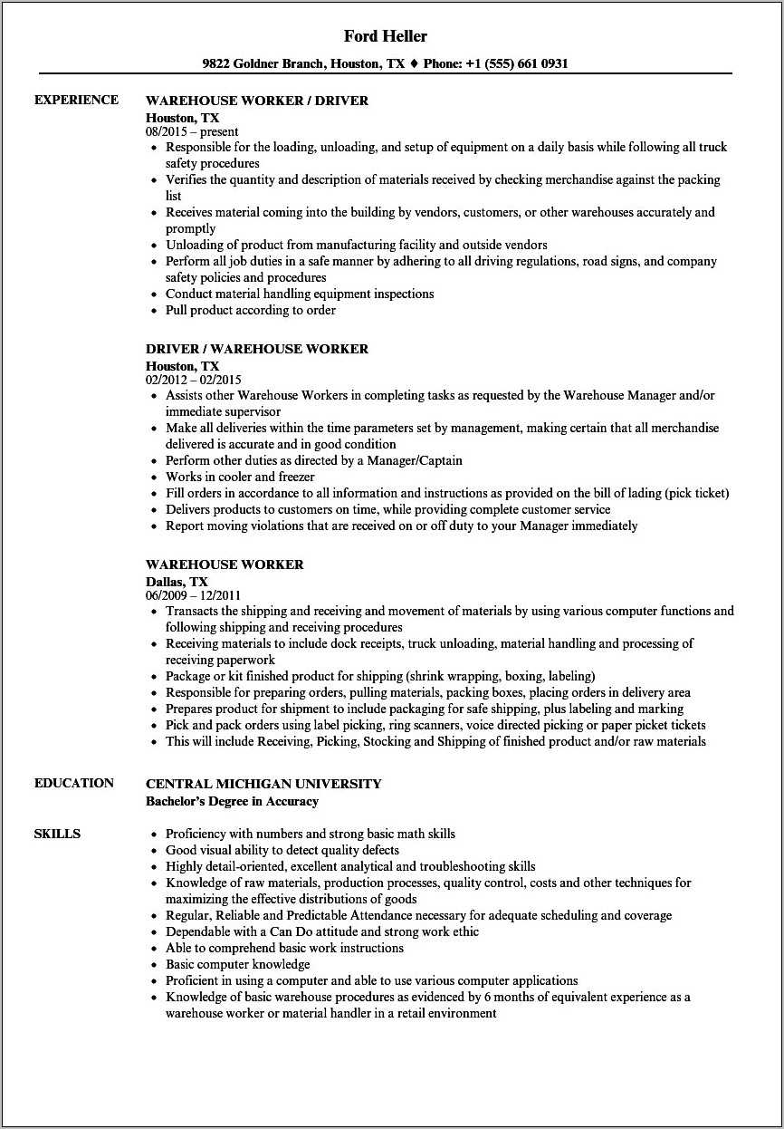 summary for warehouse worker resume