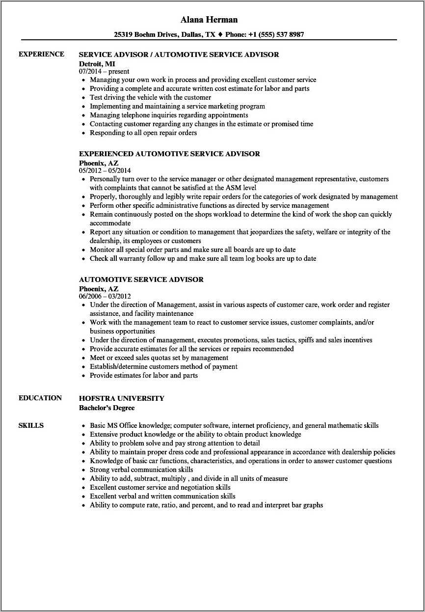 Resume Template For Automotive Service Advisor Resume Example Gallery