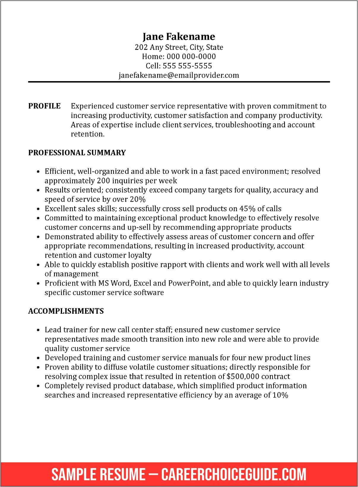 Resume To Work As A Customer Service Rep