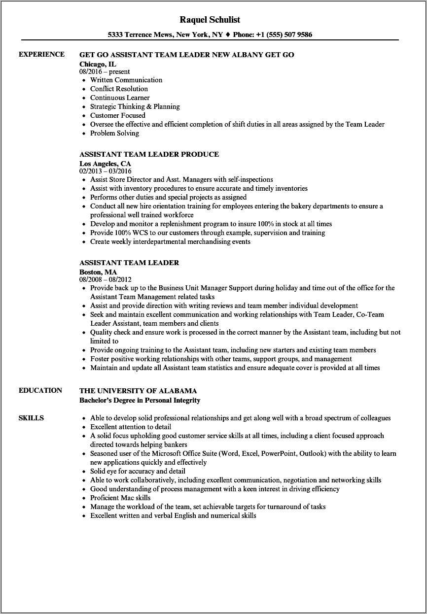 Resume Work Description Shift Lead Description