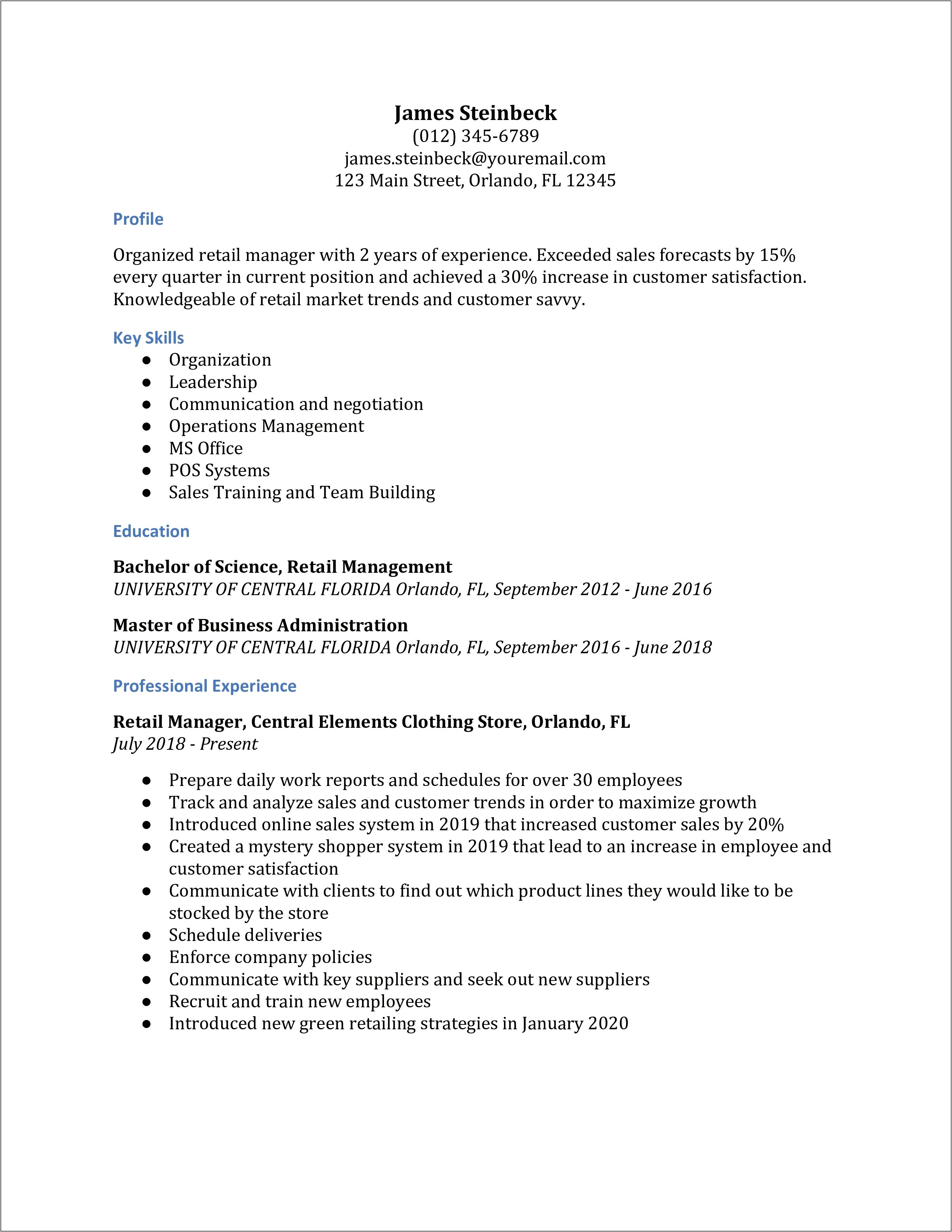 Retail Management Department Store Sample Resume Resume Example Gallery