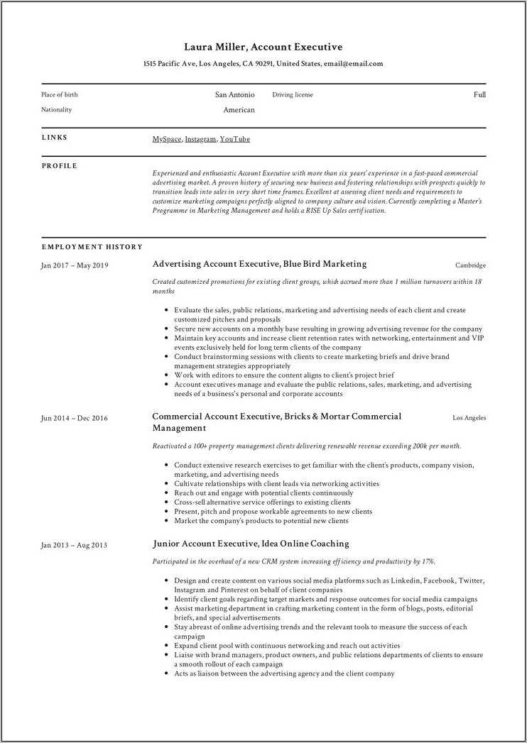 Sample Account Executive For Advertising Agency Resume