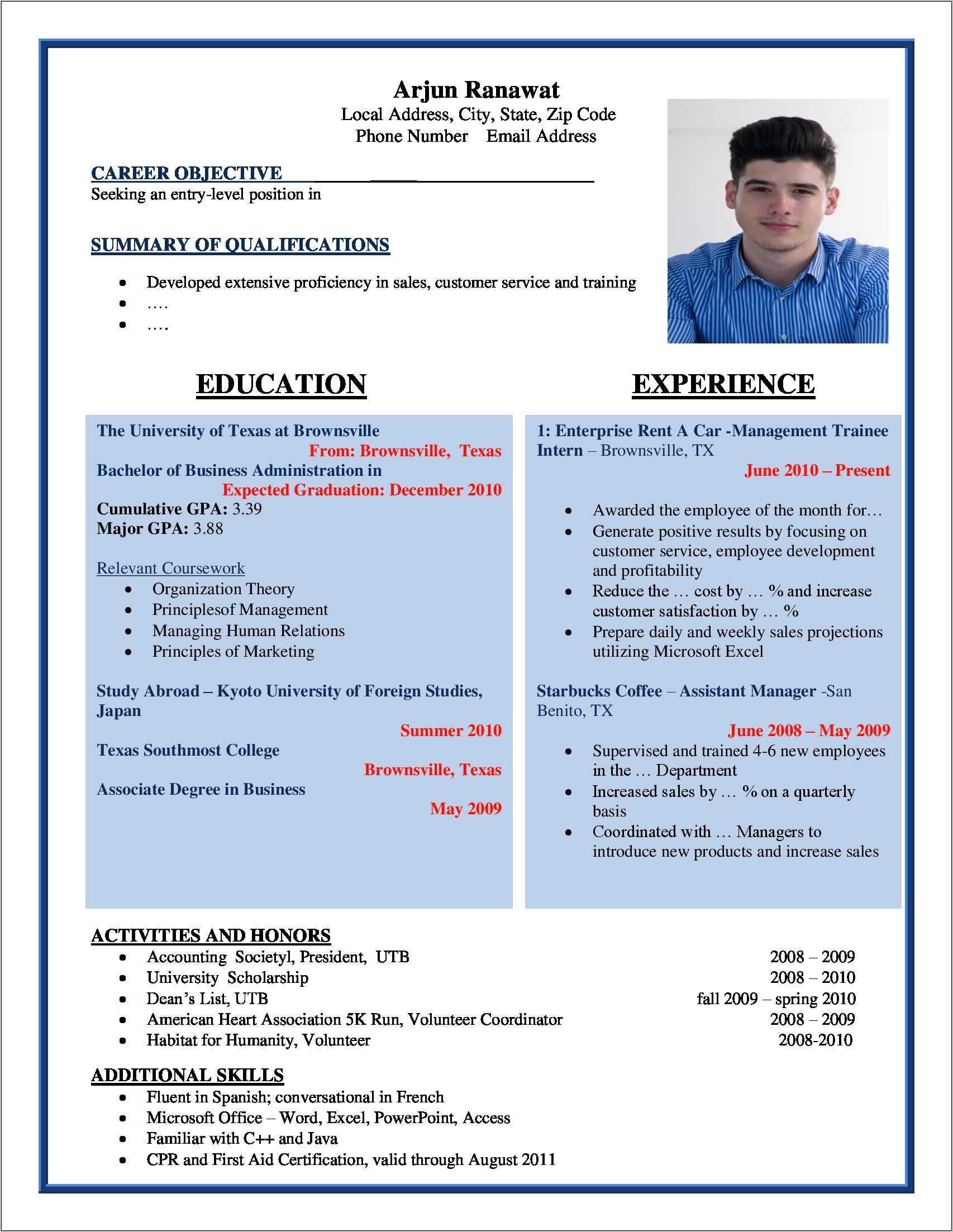 Sample Copy Of Resume For Freshers