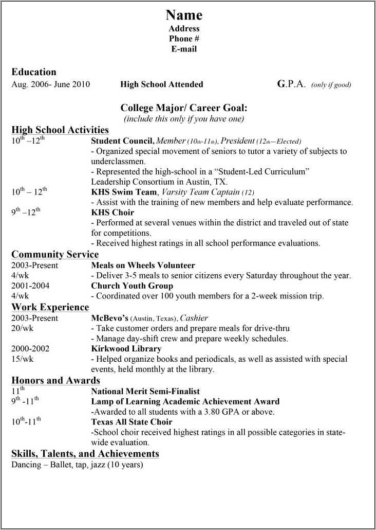 Sample High School College Application Resume