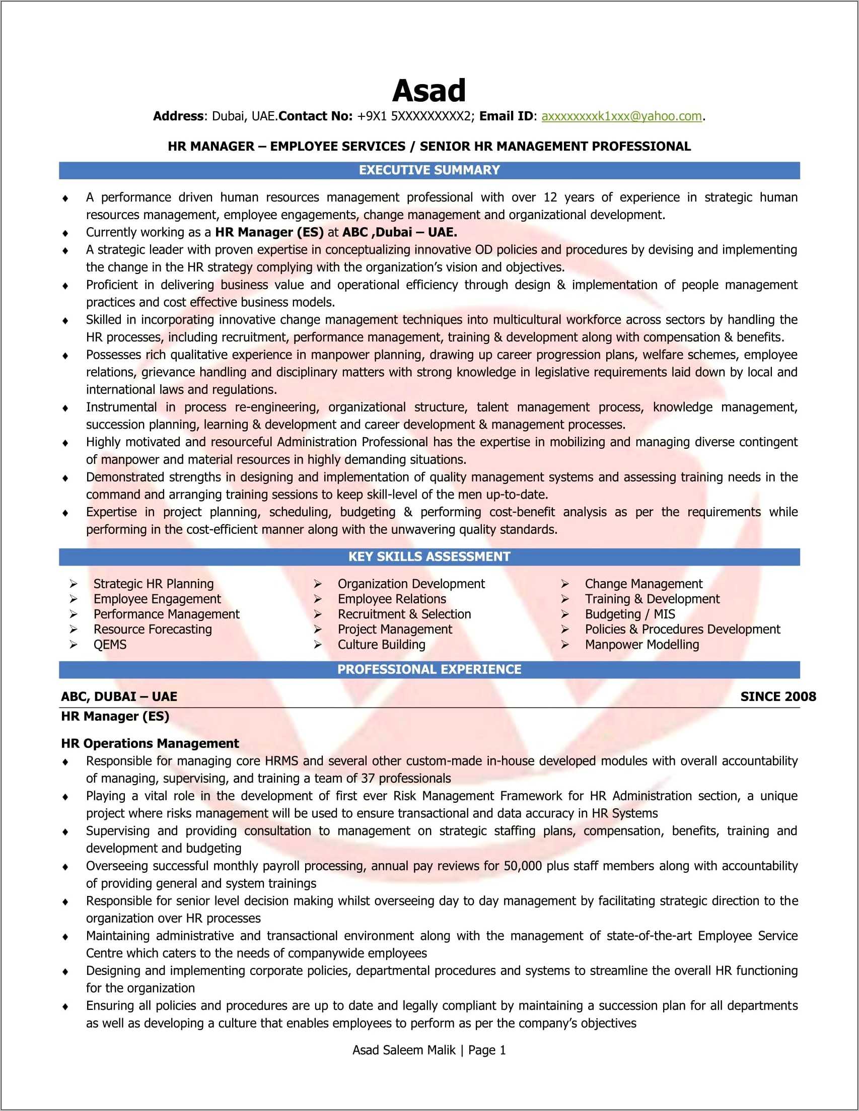 Sample Hr Resumes For 2 Years Experience