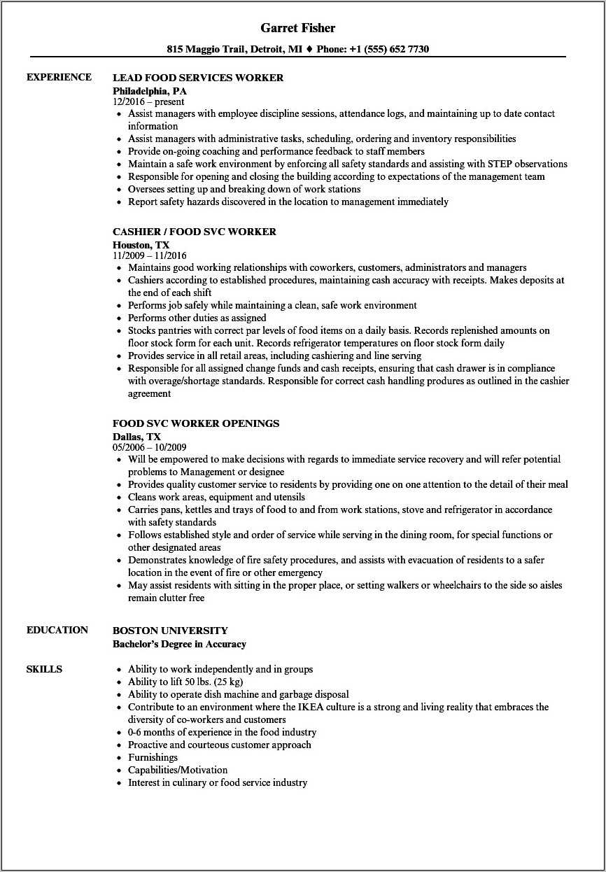 Sample Objective For Food Service Resume