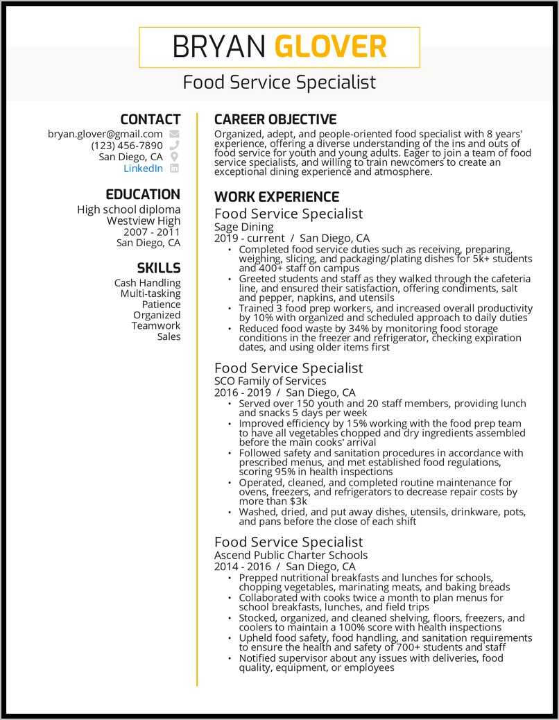 Sample Objective For Resume For Food Service
