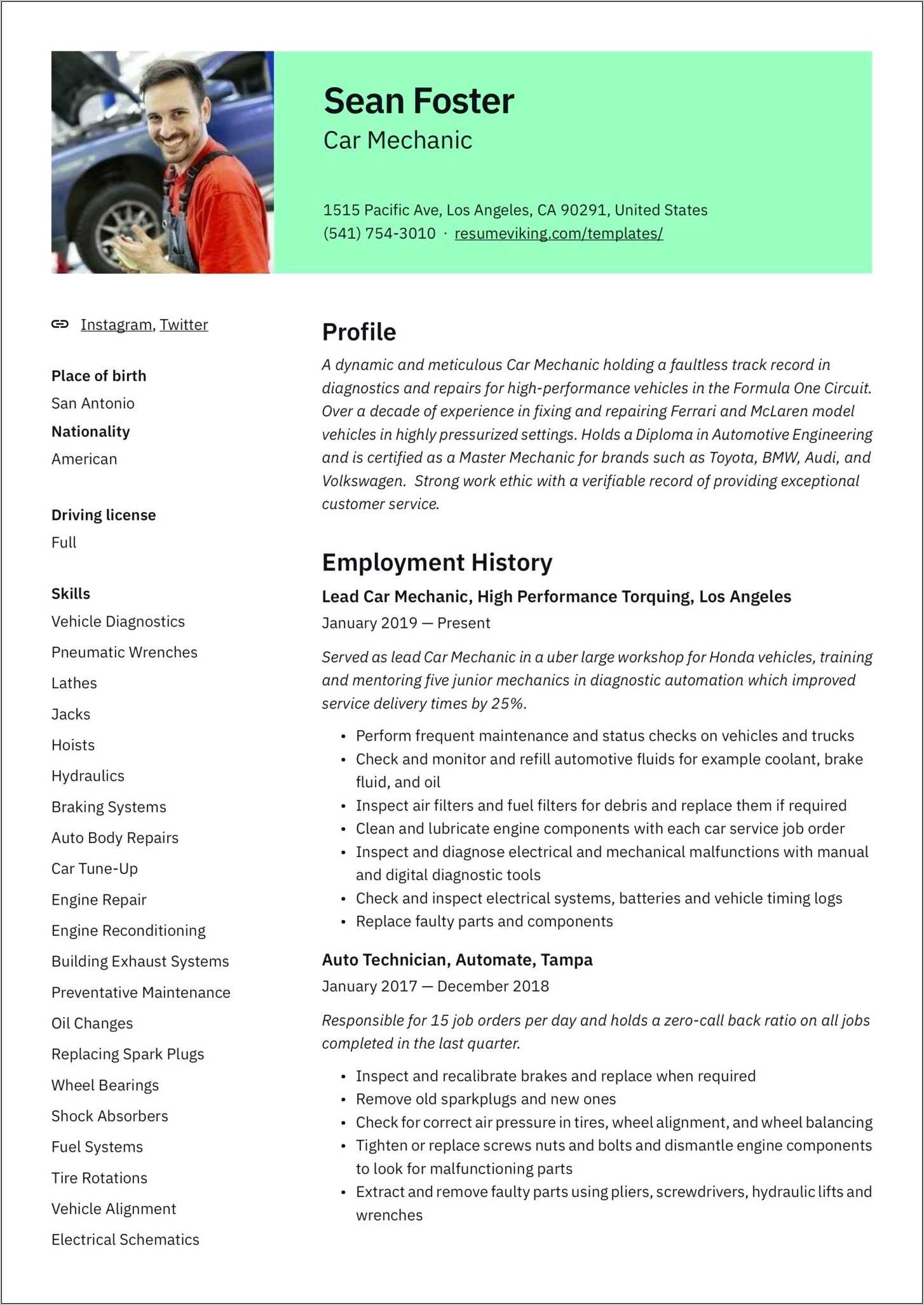 Auto Shop Manager Resume Example Resume Example Galle vrogue.co