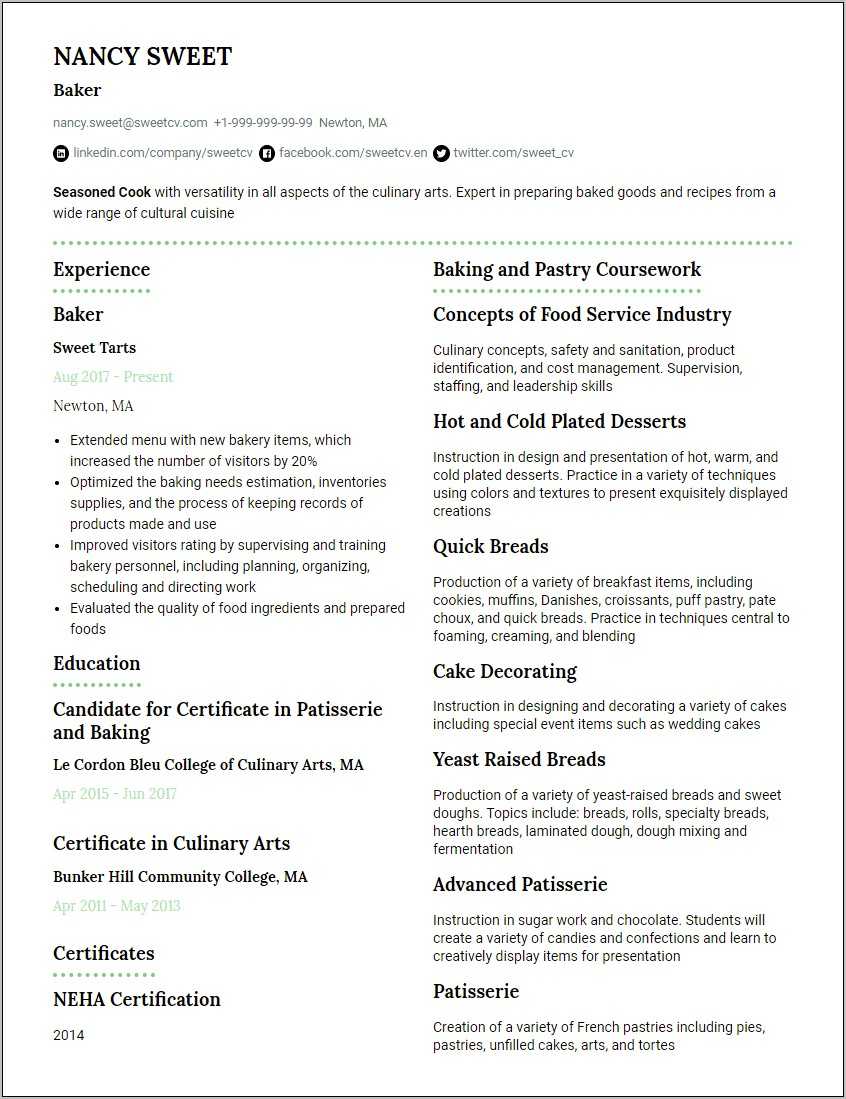 Sample Resume For A Pastry Chef