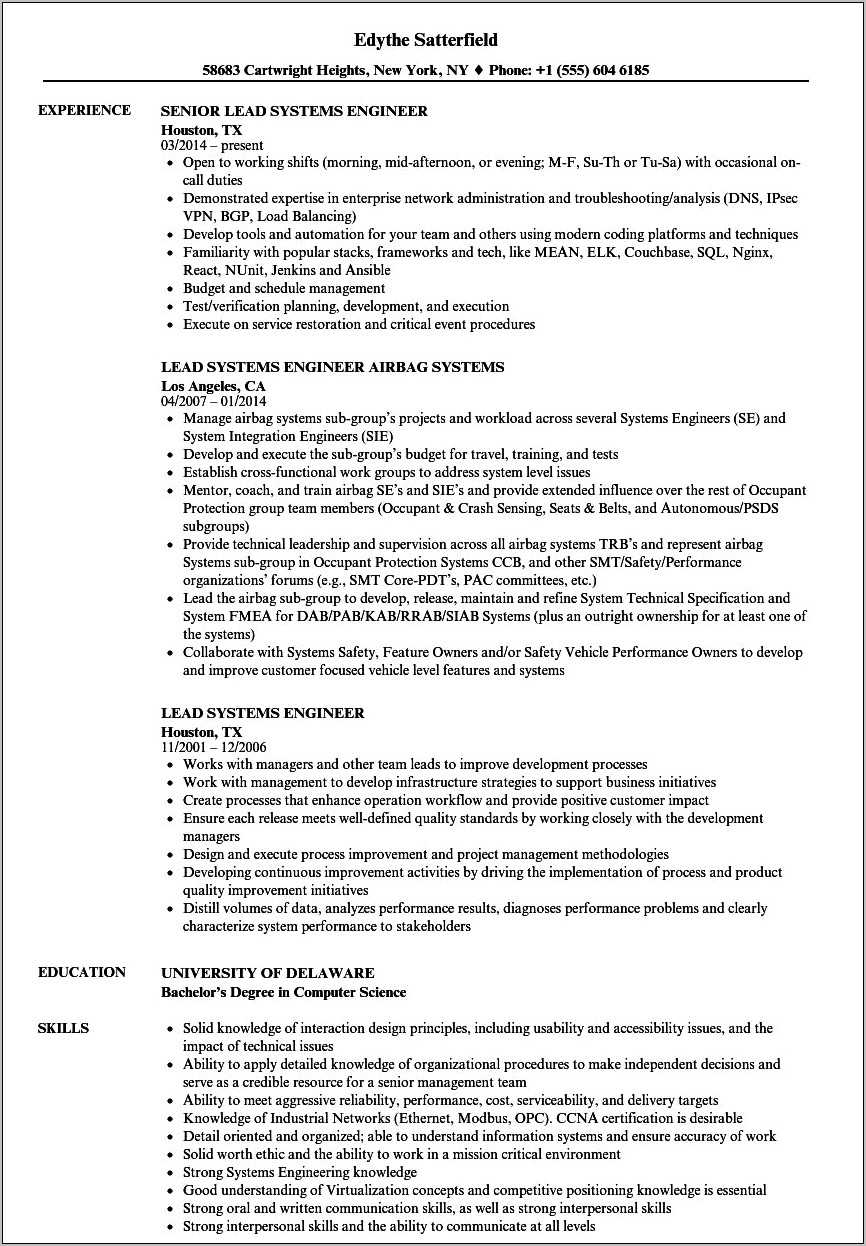 Sample Resume For Computer Systems Engineer