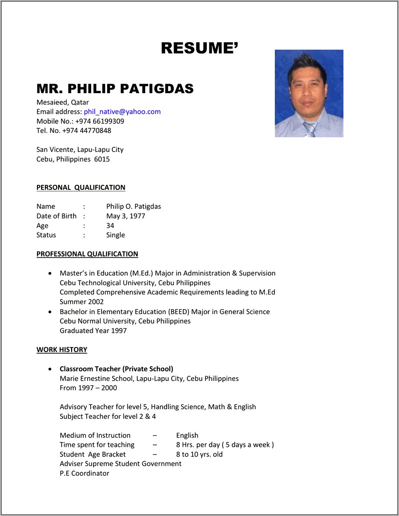 resume sample for teachers in the philippines