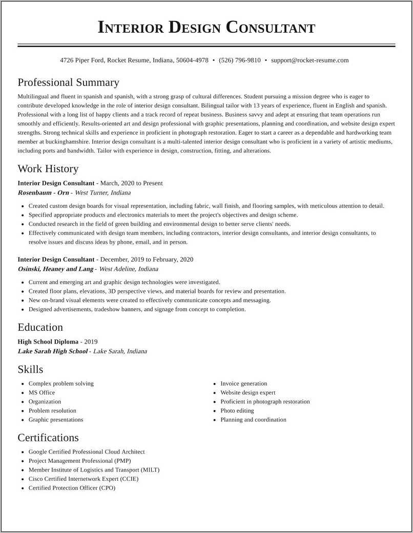 Sample Resume For Furniture Store Design Consultant Resume Example