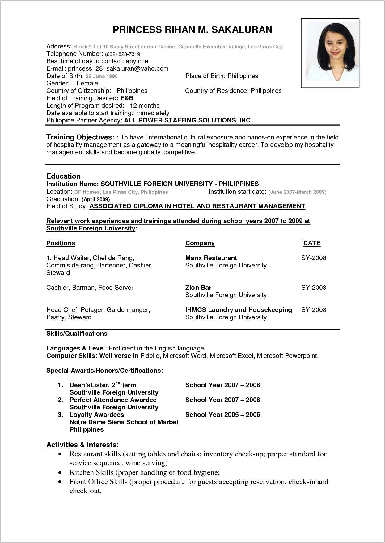 resume format for government job philippines