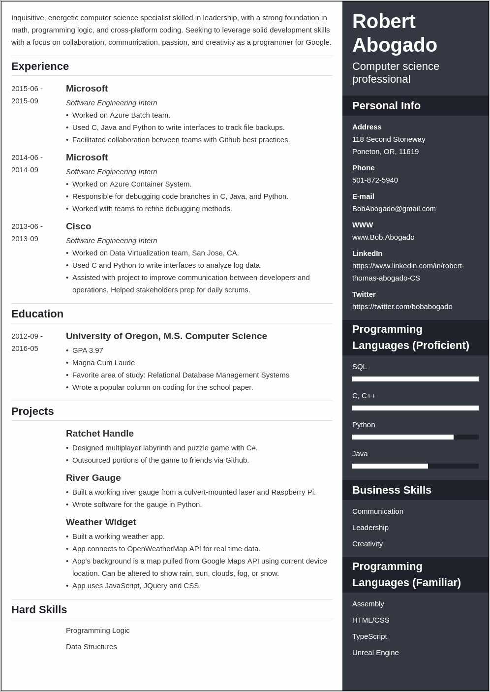Sample Resume For Ms In Us Computer Science