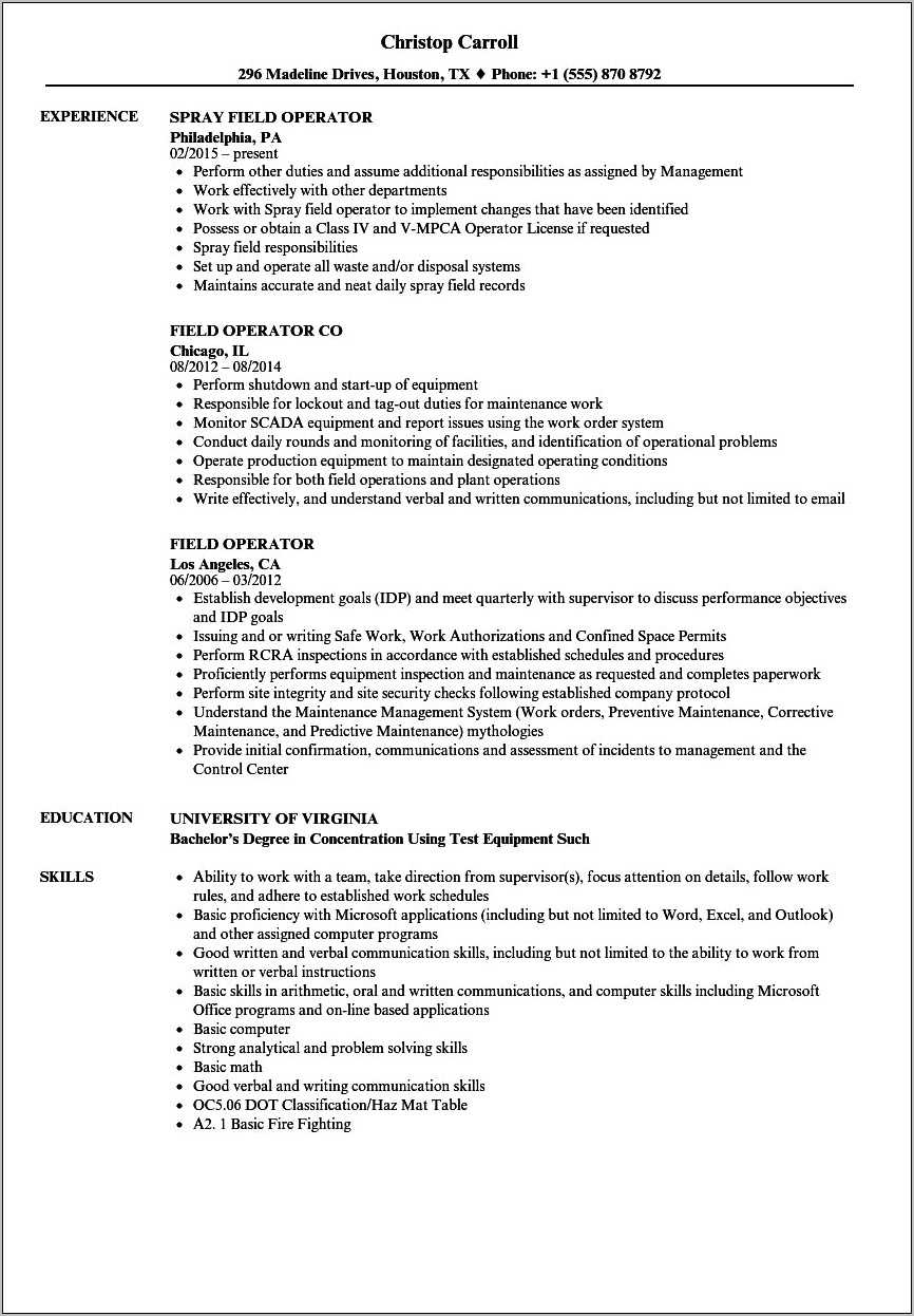 Sample Resume For Oil Field Worker Resume Example Gallery