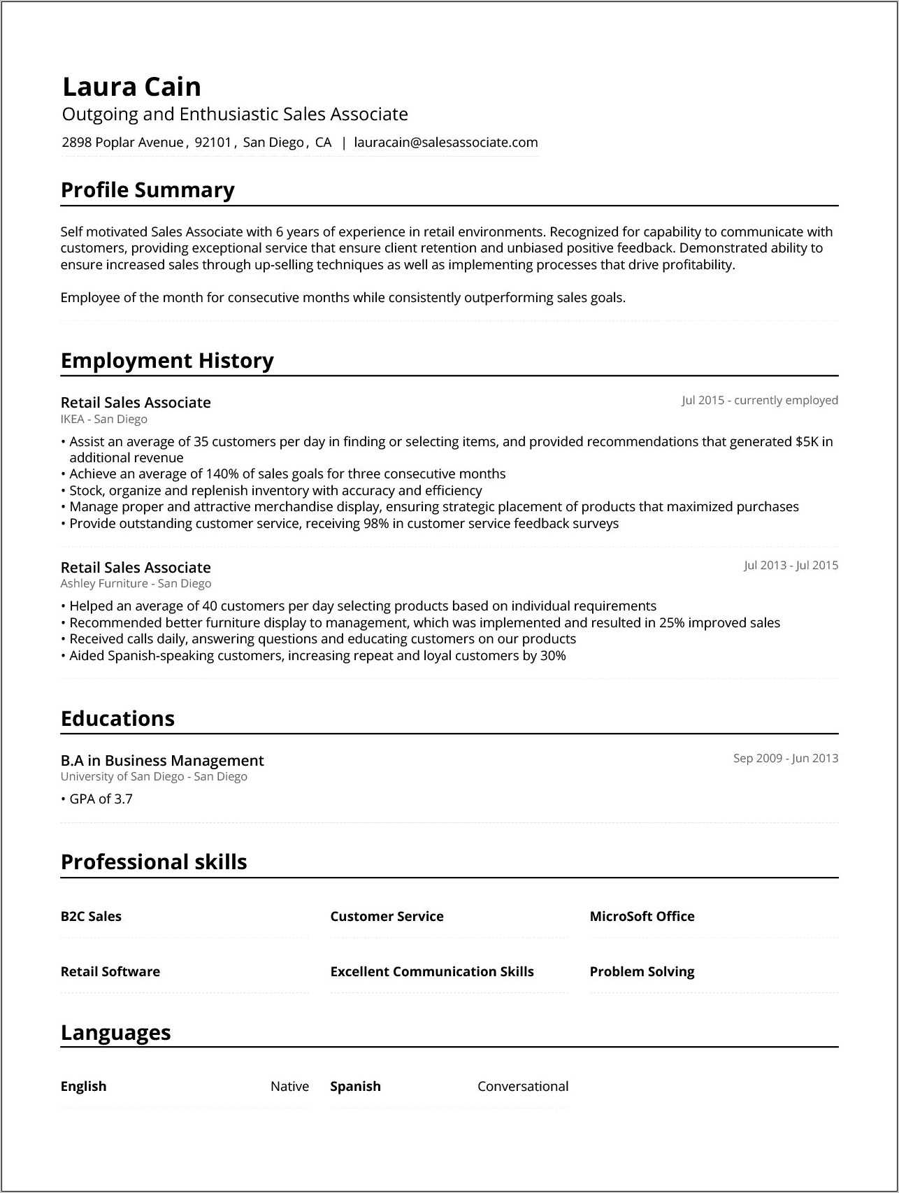 Sample Resume For Retail Sales Clerk Position