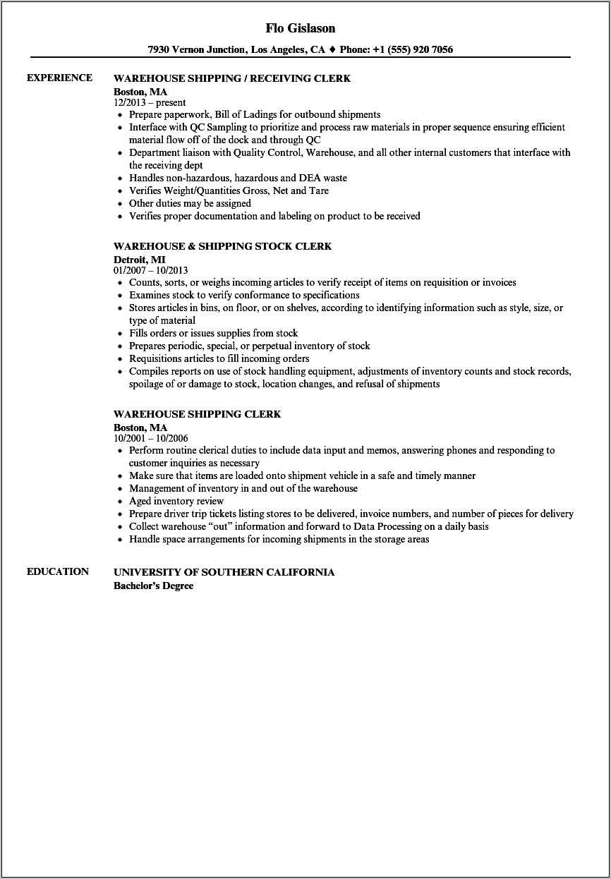 Sample Resume For Shipper And Receiver Resume Example Gallery