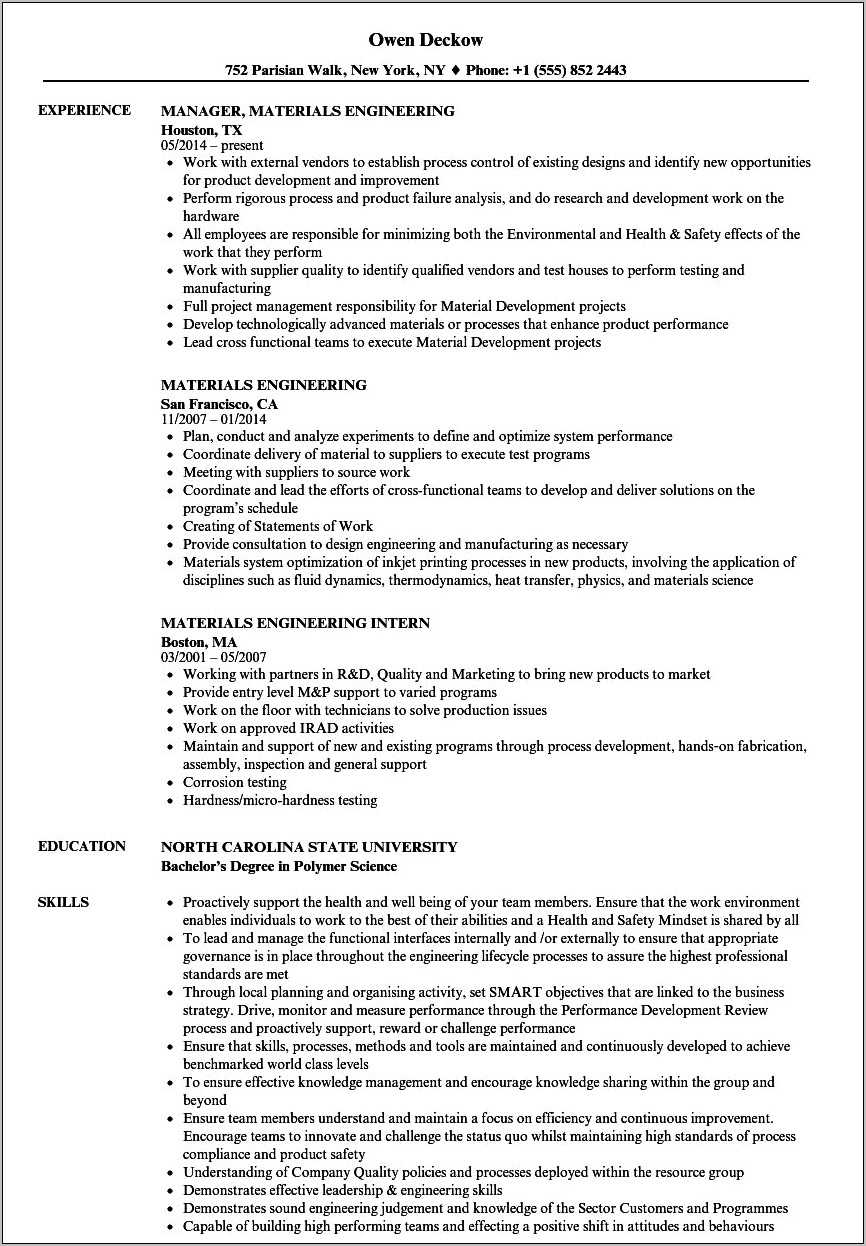 Sample Material Science Student Resume - Resume Example Gallery