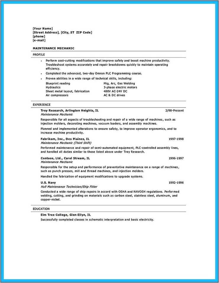Sample Resume Objectives For Maintenance Mechanic