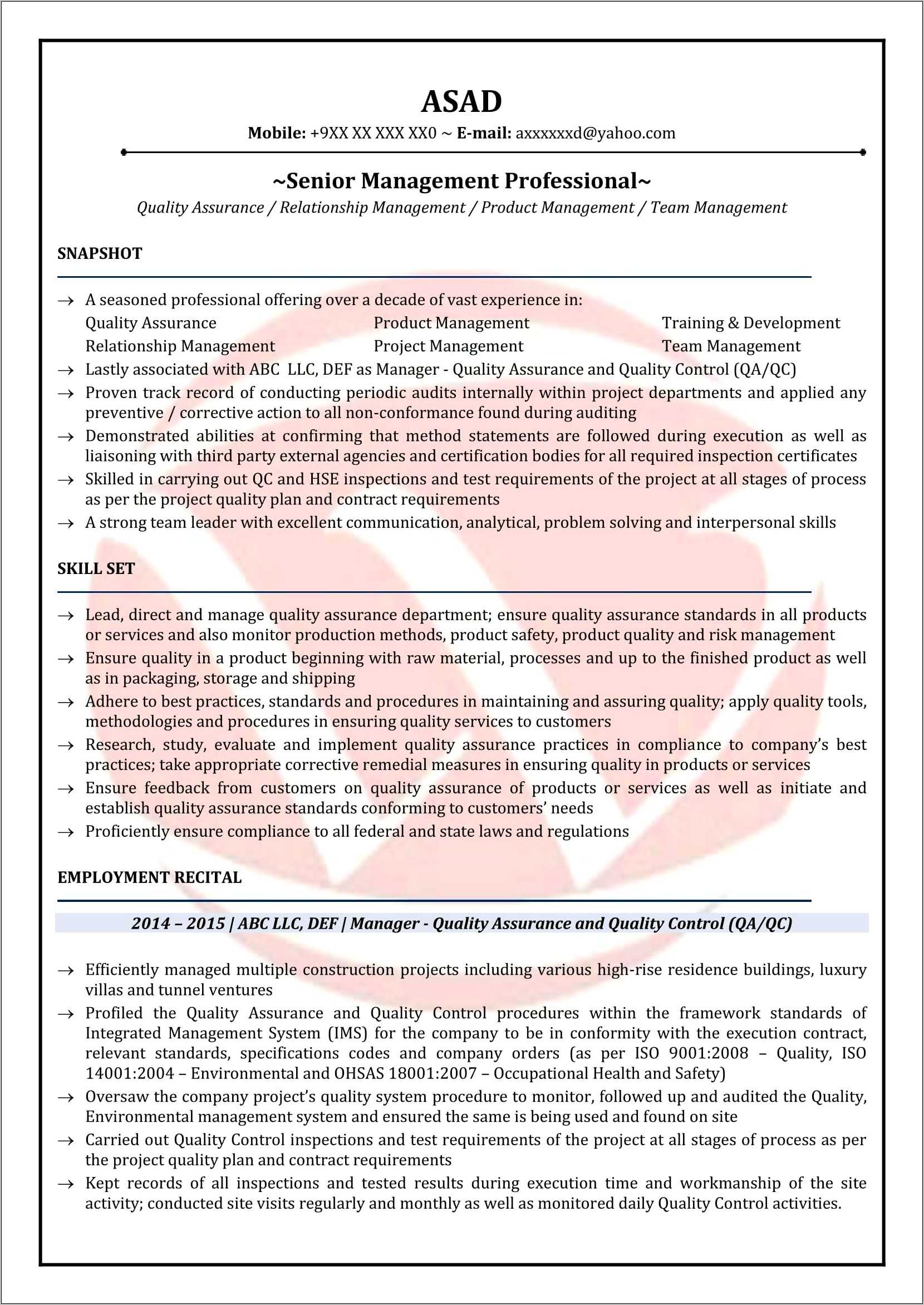 Sample Resume Objectives For Quality Assurance Resume Example Gallery