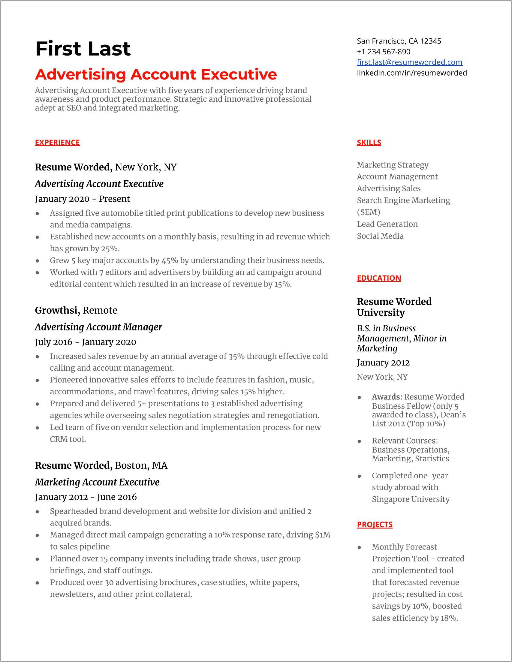 Sample Senior Account Executive For Advertising Agency Resume