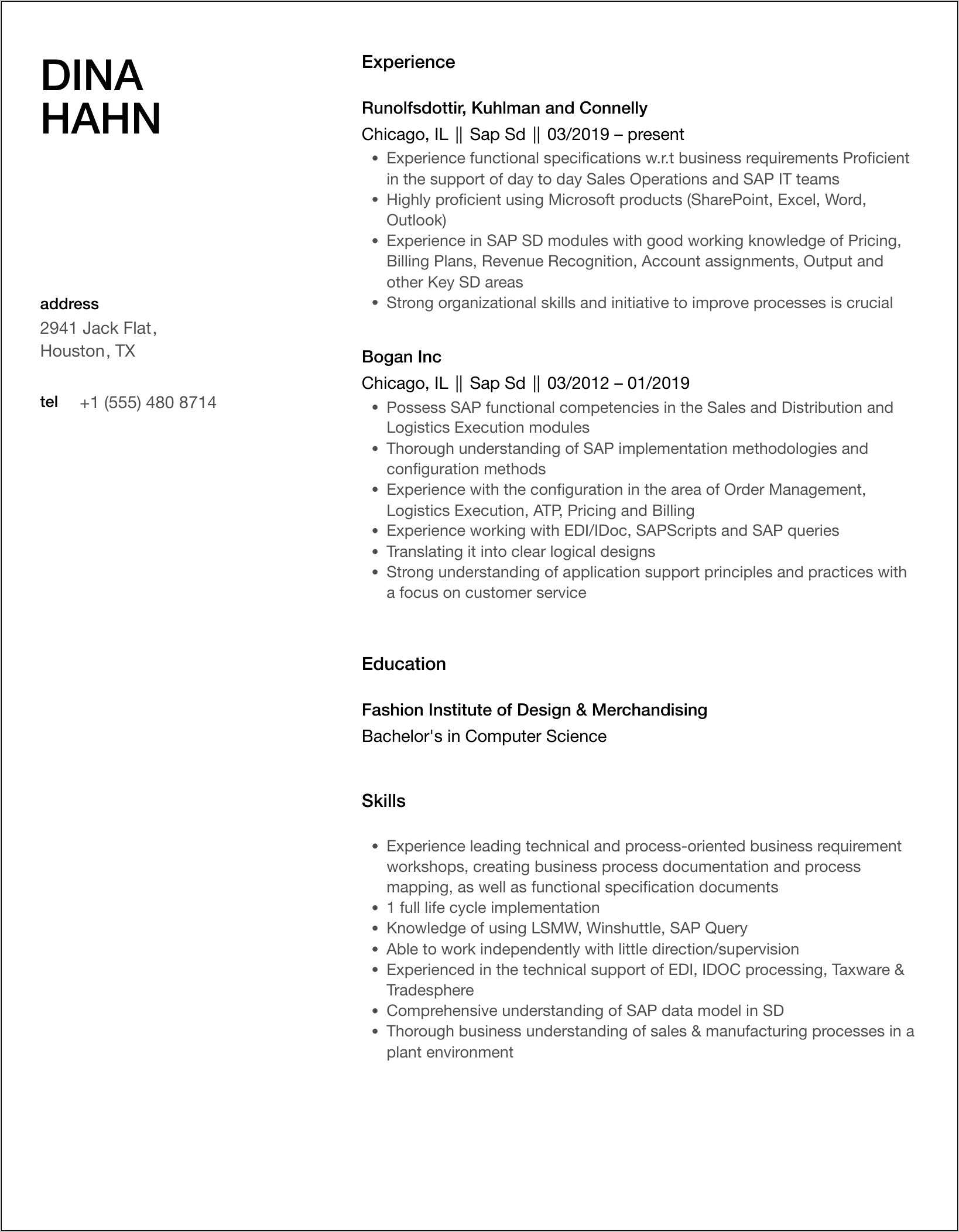 Sap Sd End User Sample Resume