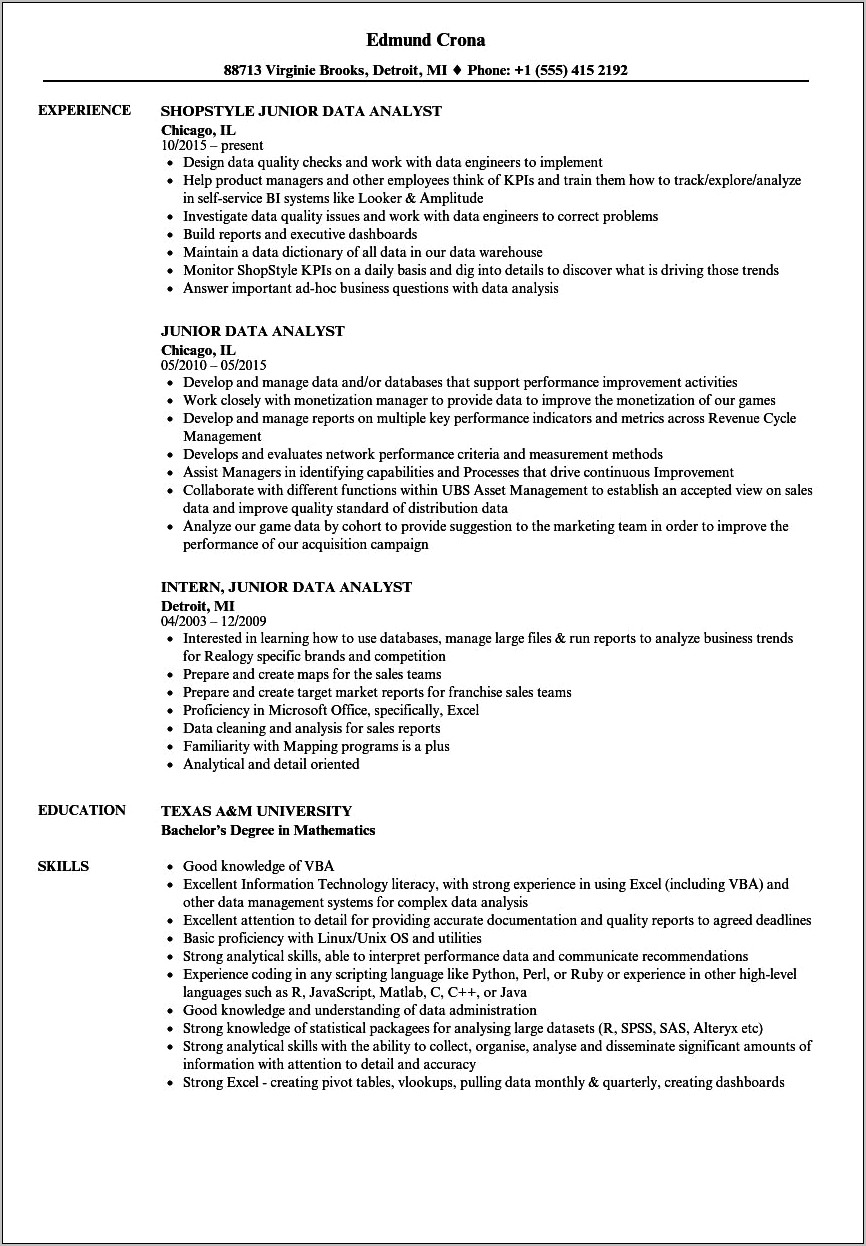 Excel Reporting Analyst Resume Sample