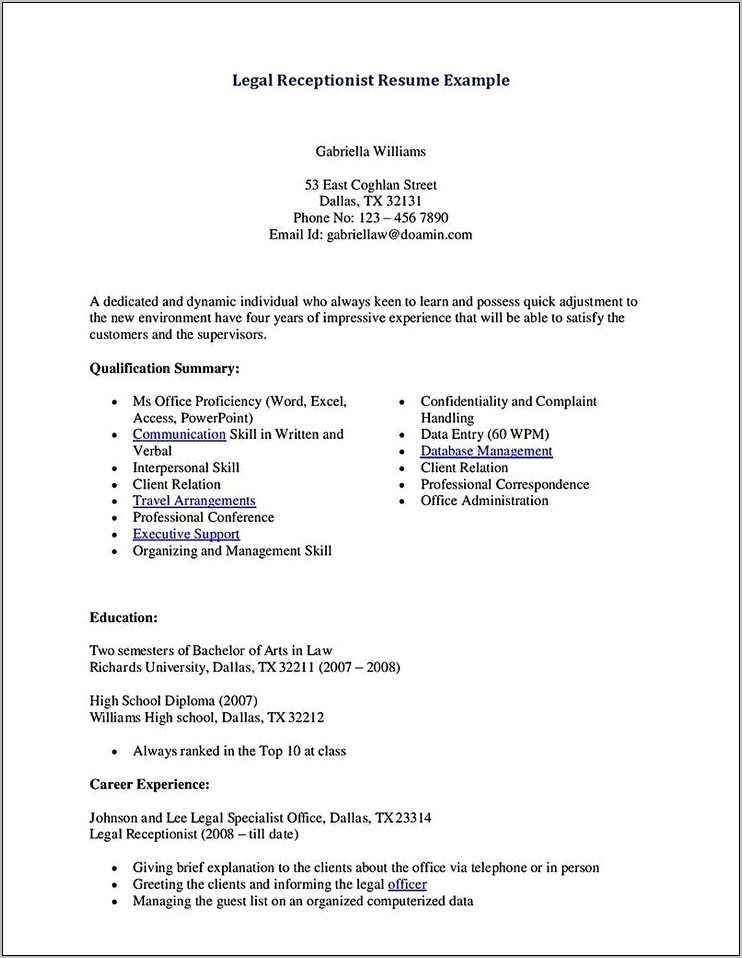 Receptionist Objective Resume No - Receptionist Resume Objective No Experience 