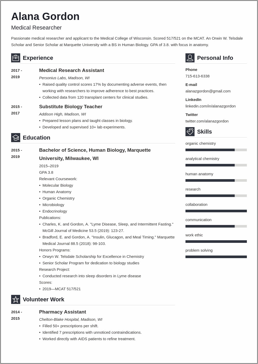 Sample Medical School Applicant Resume